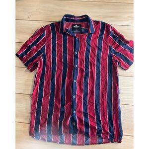 Hollister Men’s Red Navy Striped Button-Up Shirt Size L Short Sleeve Casual Top